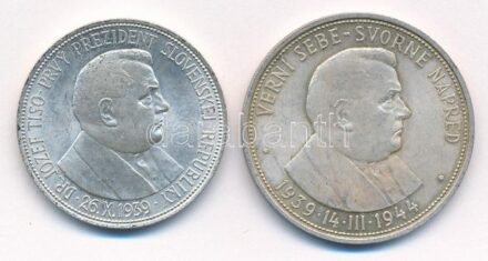 Szlovákia 1939. 20K Ag 'Jozef Tiso - A Szlovák Köztársaság első elnöke' forgalmi emlékérme + 1944. 50K Ag 'A függetlenség 5. évfordulója' forgalmi emlékérme T:2,2- patina Slovakia 1939. 20 Korun Ag 'Jozef Tiso - The first President