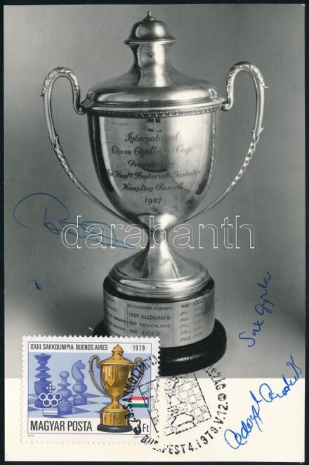 1978 Buenos Aires-i sakkolimpia bajnok csapatának aláírása képeslapon (Portisch Lajos,Csom István, Sax Gyula, Adorján András) / Chess Olimpics signatures
