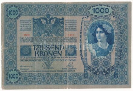 Ausztria 1919. (1902) 1000K '1911 47022' függőleges 'DEUTSCHÖSTERREICH' felülbélyegzéssel, mindkét oldal német T:III szakadás, kis anyaghiány Austria 1919. (1902) 1000 Kronen '1911 47022' with vertical 'DEUTSCHÖSTERREICH' overprint,