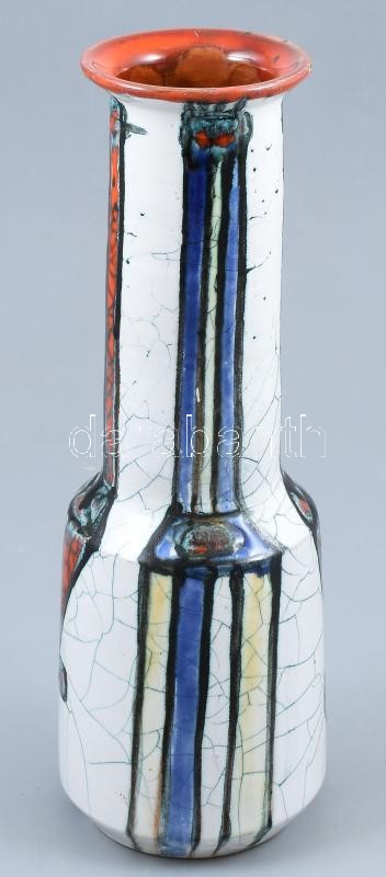 Fórizsné Sárai Erzsébet: Váza. Mázas kerámia váza. Kézzel festett, jelzett, egy pici lepattanással. 30 cm - Image 2