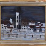 Ircsik J jelzéssel: Téli séta. Olaj, vászon, javított. Dekoratív, sérült fakeretben. 46x59 cm