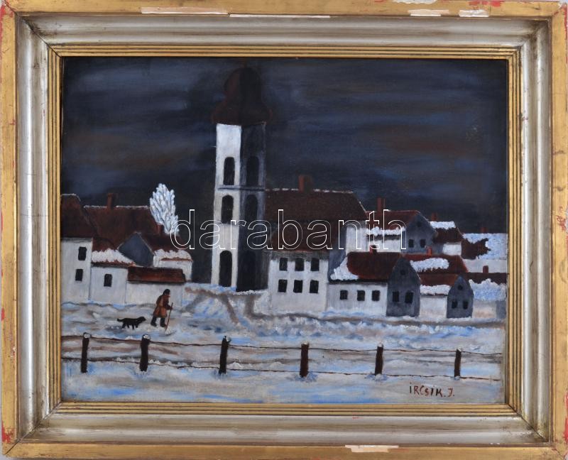 Ircsik J jelzéssel: Téli séta. Olaj, vászon, javított. Dekoratív, sérült fakeretben. 46x59 cm