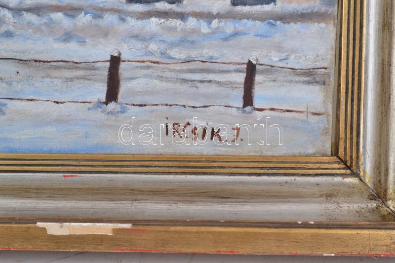 Ircsik J jelzéssel: Téli séta. Olaj, vászon, javított. Dekoratív, sérült fakeretben. 46x59 cm - Image 2