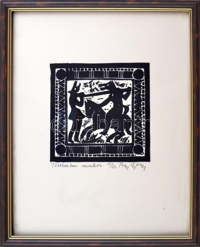 Olvashatatlan jelzéssel (P... György): Történelmi anziksz. Fametszet, papír, számozott:25/50. Üvegezett keretben. 13x13 cm