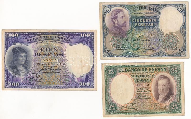 Spanyolország 1931. 25P + 50P + 100P T:III folt, kis szakadás Spain 1931. 25 Pesetas + 50 Pesetas + 100 Pesetas C:F spotted, small tear Krause P#81-83