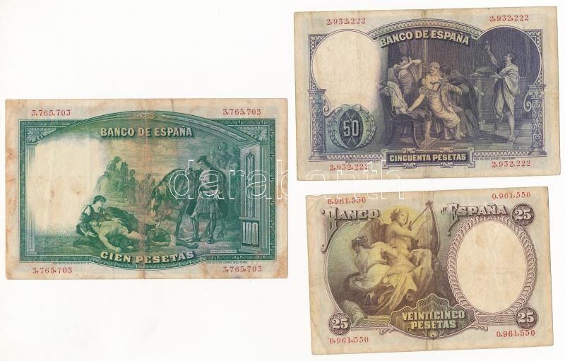 Spanyolország 1931. 25P + 50P + 100P T:III folt, kis szakadás Spain 1931. 25 Pesetas + 50 Pesetas + 100 Pesetas C:F spotted, small tear Krause P#81-83 - Image 2