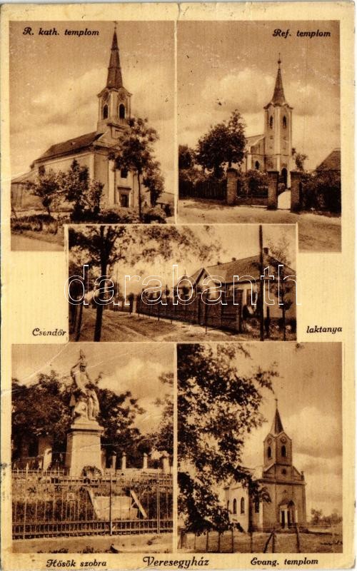 1937 Veresegyház, Római katolikus, református és evangélikus templom, Csendőr laktanya, Hősök szobra (fa)