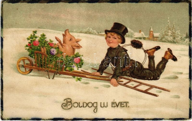 1929 Boldog új évet! Kéményseprő kismalaccal / New Year greeting, chimney sweeper with pig. Amag No. 2533. litho (EK)