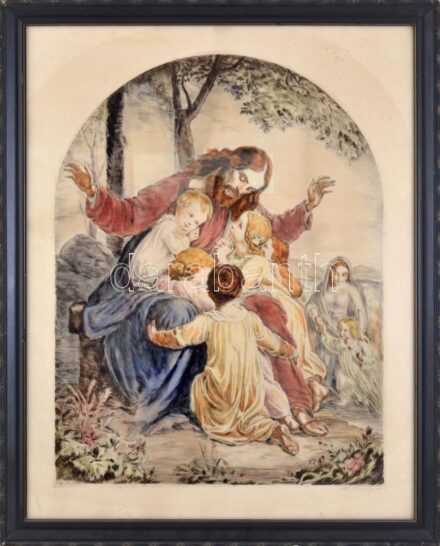 Prihoda István (1891-1956), C. Vogel pinx: Engedjétek hozzám... (Jézus gyerekekkel). Színezett rézkarc, papír, jelzett (Prihoda). Dekoratív, kissé sérült üvegezett fakeretben. 63×48 cm.