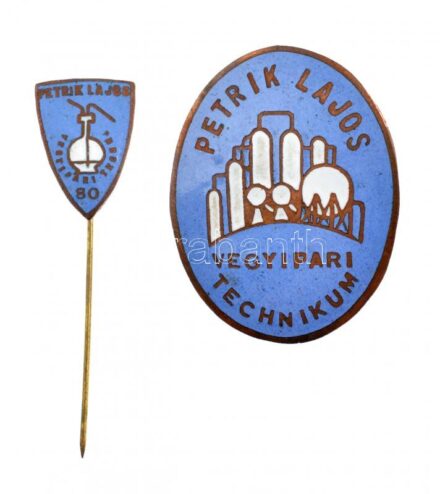 DN 'Petrik Lajos Vegyipari Technikum' zománcozott bronz jelvény (34x27mm) + 1959. 'Petrik Lajos Vegyipari Techn. - 80' zománcozott bronz jelvény (17x12mm) T:1-