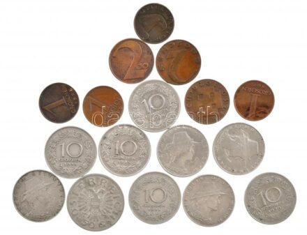 Ausztria 1924. 100K bronz + 200K bronz (2db) + 1000K Cu-Ni (2db) + 1925-1929. 1gr bronz (3xklf) + 1925. 2gr bronz + 1925-1929. 10gr Cu-Ni (7db, 3xklf) + 1935. 50gr Cu-Ni enyhén elfordult hátlappal T:1--3 Austria 1924. 100 Kronen bronze + 200