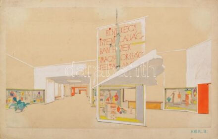 Tálos Gyula (1887-1975): Kiállítás enteriör art deco terve irredenta Hiszekegy felirattal. cca 1930. Akvarell, karton. jelzett. 28x47 cm