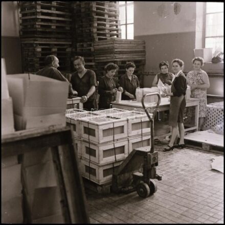 1969 Budapest, Kőbánya, a Szappangyár csomagoló részlege, Keveházi János fotóművész hagyatékából 3 db vintage NEGATÍV, 6x6 cm