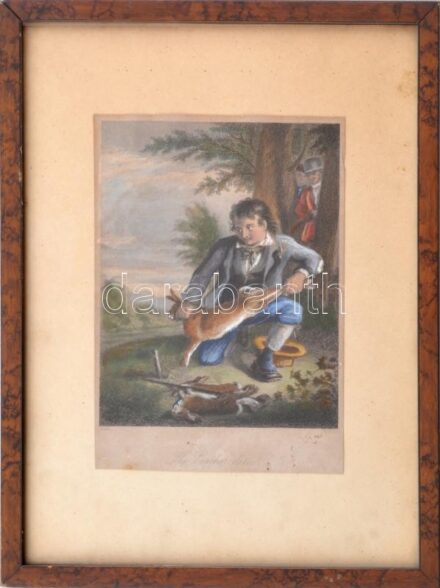 William Kidd (1796-1863) után, Westley metszése: Orvvadász (The poacher detected), XIX. sz. eleje-közepe. Színezett rézmetszet, papír. Kisebb felületi sérüléssel. Üvegezett fakeretben. 13x10,5 cm