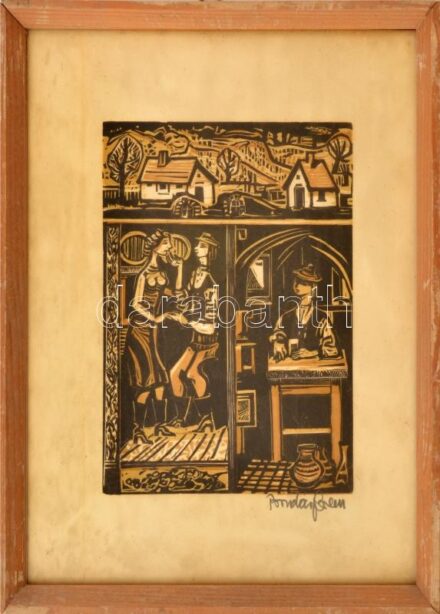 Bordás Ferenc (1911-1982): Jelenet. Linómetszet, papír, jelzett. Üvegezett fakeretben, 18×12 cm