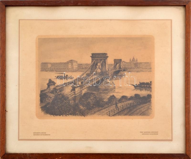 Széchenyi-Lánchíd, nyomat, papír, jelzés nélkül, Üvegezett, kopott fakeretben. 17x23 cm