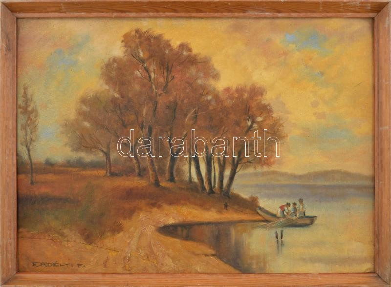 Erdélyi F. jelzéssel: Halászok. Olaj, vászon, kartonon, sérült. Fakeretben. 34x50 cm