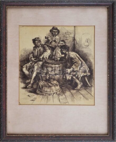 R.R. v. R.A. jelzéssel: Kártyázók, 1956. Rézkarc, papír, jelzett a karcon. Üvegezett, kissé sérült fakeretben. 22x21 cm