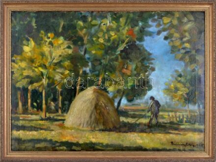 Olvashatatlan (Boldizsár István?) jelzéssel: Szénaboglya. Olaj, vászon. Dekoratív, kissé sérült fakeretben. 51X69 cm