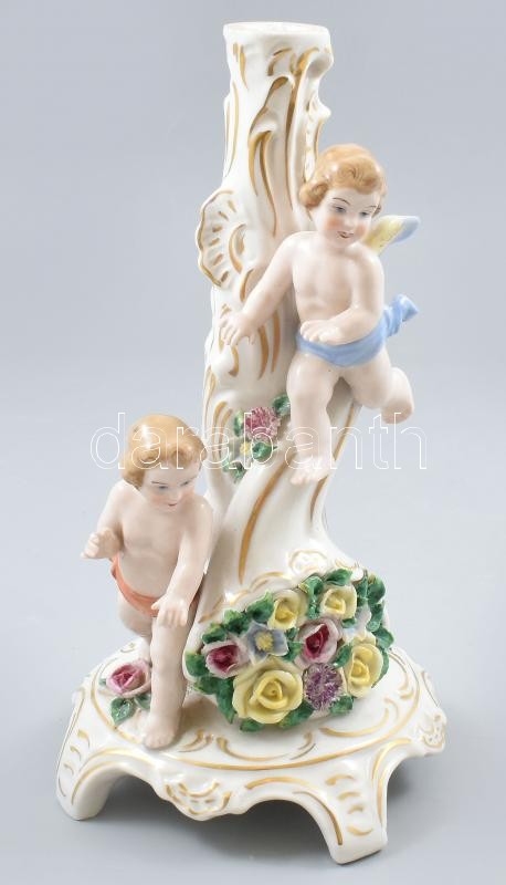 Német puttós lámpatest, porcelán, jelzett, apró lepattanásokkal, teteje lecsiszolt, m: 27 cm