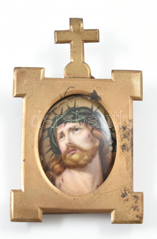 Kegytárgy, Krisztus fej, porcelán betétes keret, m: 7 cm