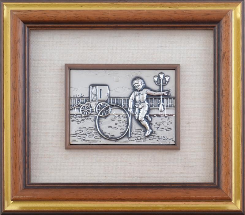 Alliani ezüst (Ag) kép, üvegezett fakeretben, jelzett, 9x12,5 cm