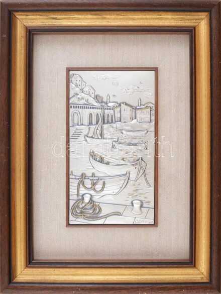 Castellani ezüst (Ag) kép, üvegezett fakeretben, jelzett, 23x13 cm
