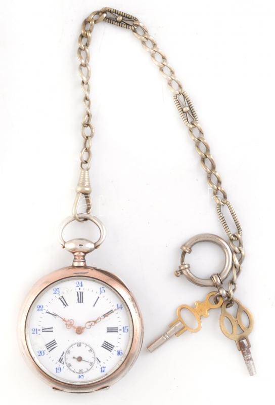 Régi ezüst (Ag) cilinder járatos zsebóra, működik, kulccsal, kopott, d: 45 mm