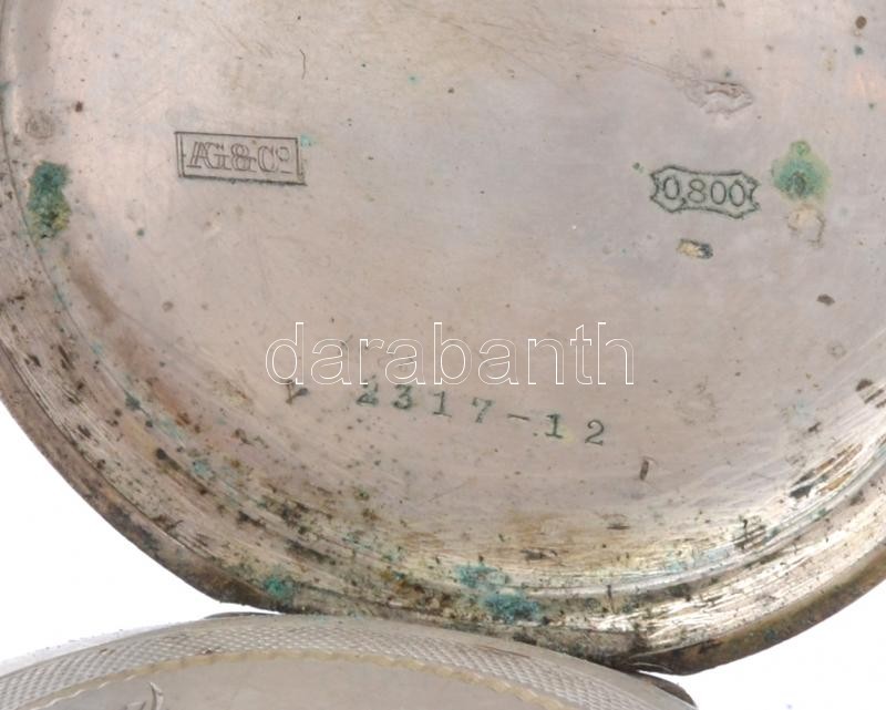 Régi ezüst (Ag) cilinder járatos zsebóra, működik, kulccsal, kopott, d: 45 mm - Image 3