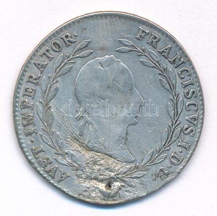 Ausztria 1829. 20kr Ag 'I. Ferenc' T:3 lyuktömött Austria 1829. 20 Kreuzer Ag 'Franz I' C:F plugged hole Krause KM#2145