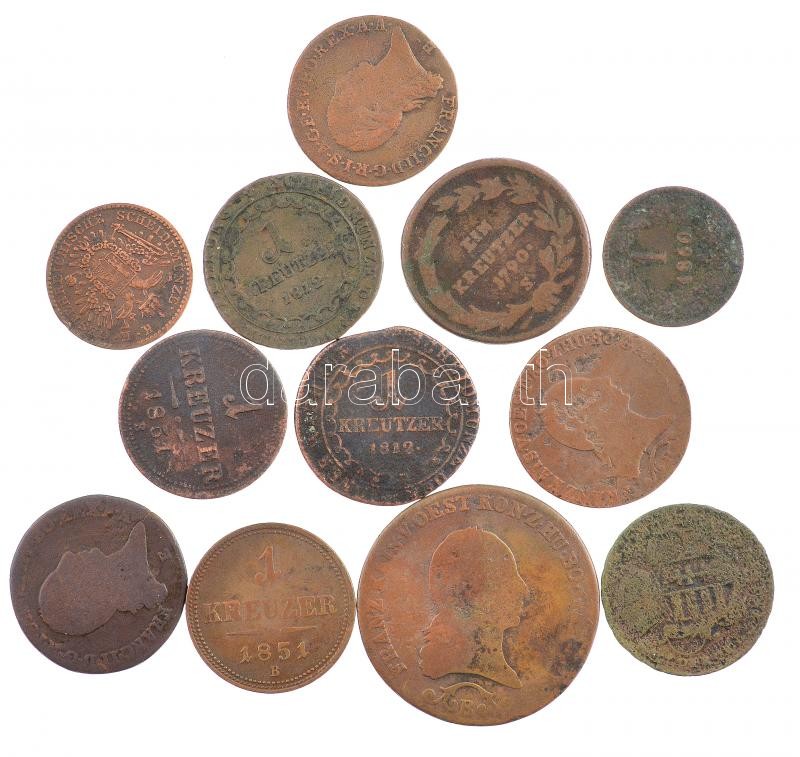 ~1763-1851. 12db-os (10xklf) magyar verdejelű Cu érmetétel, közte 1800E 1kr Cu 'I. Ferenc' T:2-,3