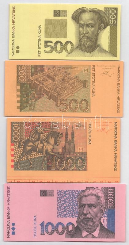 Horvátország 1993. 5K-1000K (9xklf) előlapi próbanyomatok T:I,I- hullámos papír Croatia 1993. 5 Kuna - 1000 Kuna (9xdiff) obverse trial prints C:UNC,AU wavy paper - Image 3