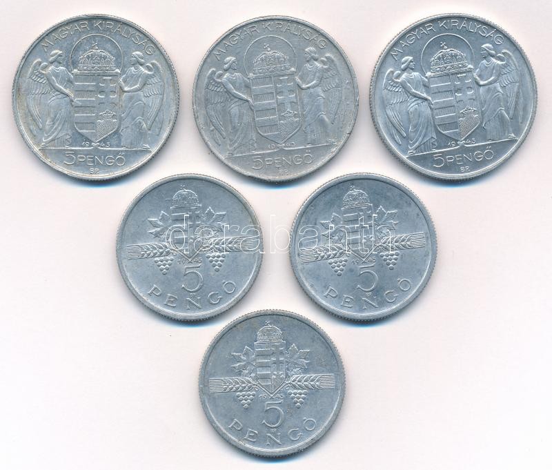 1943. 5P Al 'Horthy Miklós születésének 75. évfordulója' (3db) + 1945. 5P Al 'Parlament' (3db) T:1--3 - Image 2