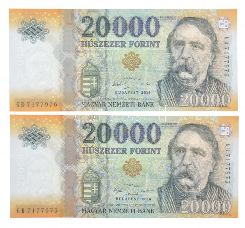 2016. 20.000Ft (2x) sorszámkövetők 'GB 7177975 - GB 7177976' T:I-,II törés nélküli hajlás