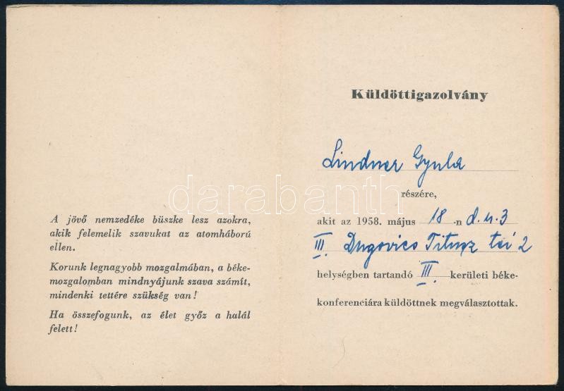 1958 Békeküldött igazolvány - Image 2