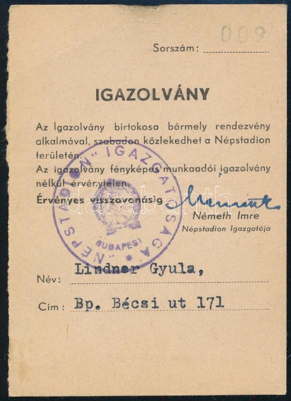 cca 1953 Népstadion igazolvány Németh Imre saját kezű aláírásával