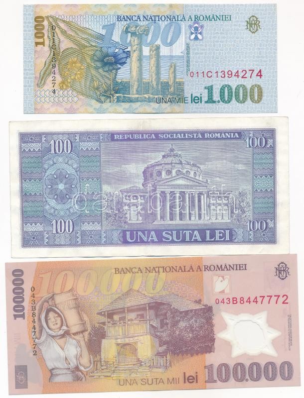 Románia 1966. 100L + 1998. 1000L + 2001. 100.000L T:III Romania 1966. 100 Lei + 1998. 1000 Lei + 2001. 100.000 Lei C:F - Image 2