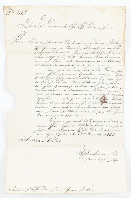 1822 Tarkovics Gergely, az első eperjesi püspök aláírt hivatalos levele