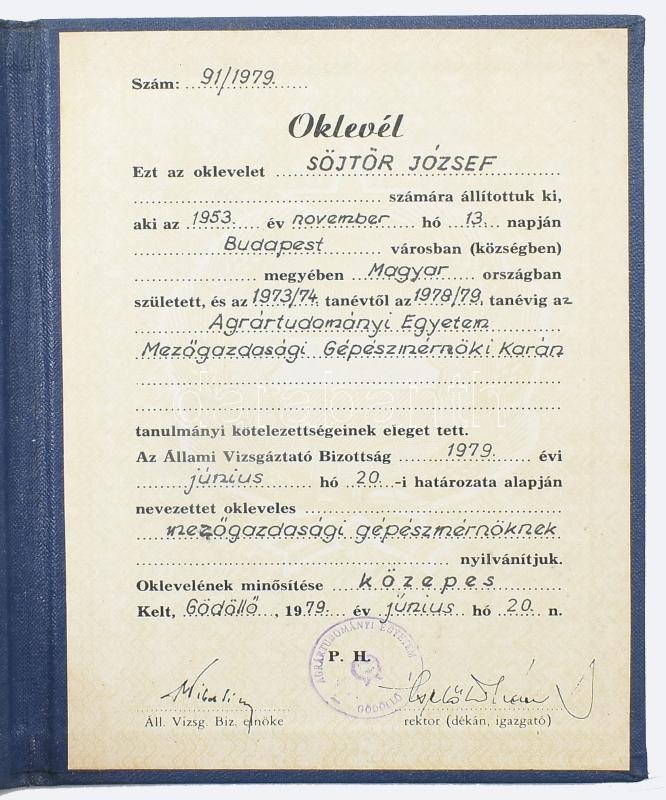 1973-1979 Mezőgazdasági gépészmérnök oklevél és leckekönyv - Image 2