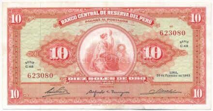 Peru 1965. 10S 'C48 623080' T:III tűzőgép lyukak Peru 1965. 10 Soles de Oro 'C48 623080' C:F stapler holes Krause P#84