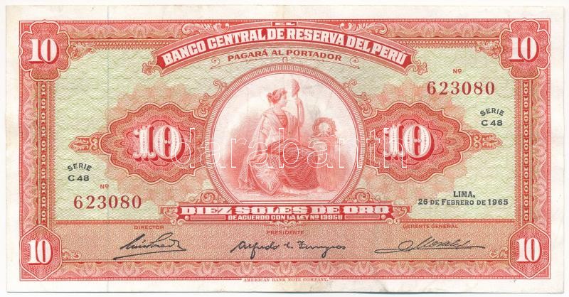 Peru 1965. 10S 'C48 623080' T:III tűzőgép lyukak Peru 1965. 10 Soles de Oro 'C48 623080' C:F stapler holes Krause P#84