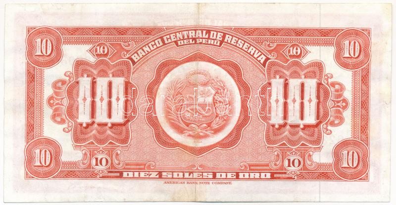 Peru 1965. 10S 'C48 623080' T:III tűzőgép lyukak Peru 1965. 10 Soles de Oro 'C48 623080' C:F stapler holes Krause P#84 - Image 2