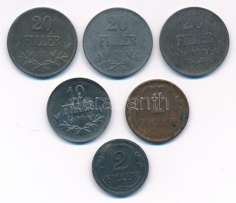 1916KB 20f Fe (3db) + 1920KB 10f Fe + 1940(?) 2f bronz + 1944. 2f Zn mind technikai hibás veret (eltömődött verőtő) T:2-3