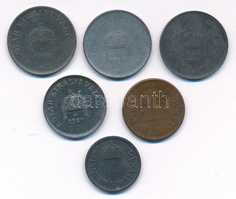 1916KB 20f Fe (3db) + 1920KB 10f Fe + 1940(?) 2f bronz + 1944. 2f Zn mind technikai hibás veret (eltömődött verőtő) T:2-3 - Image 2