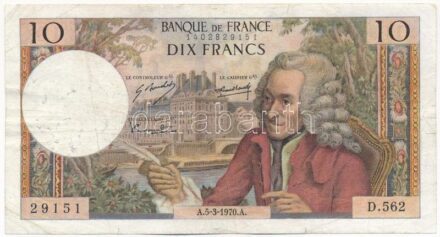 Franciaország 1970. 10Fr 'D.562 29151' T:III tűzőgép lyukak, kis szakadások France 1970. 10 Francs 'D.562 29151' C:F stapler holes, small tears Krause P#147