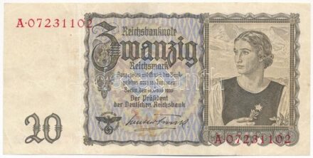 Német Harmadik Birodalom 1939. 20M 'A 07231102' T:III folt German Third Reich 1939. 20 Mark 'A 07231102' C:F spot Krause P#5A