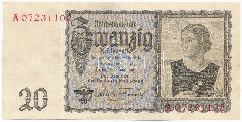Német Harmadik Birodalom 1939. 20M 'A 07231102' T:III folt German Third Reich 1939. 20 Mark 'A 07231102' C:F spot Krause P#5A
