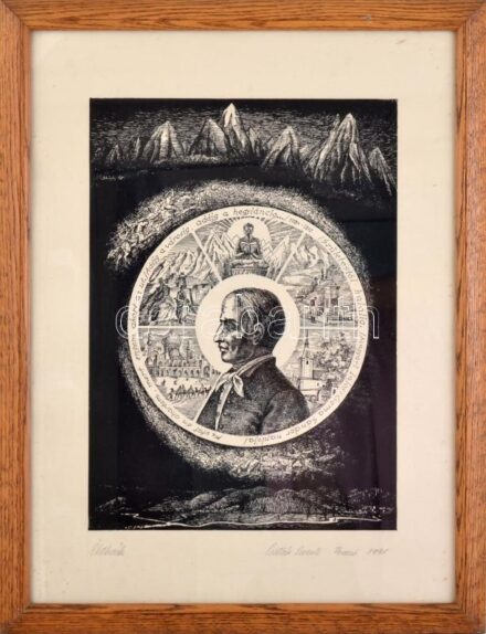 Csutak Levente (1940-): Életkerék (Kőrösi Csoma Sándor), 1991. Fametszet, papír, jelzett, üvegezett fakeretben, 41,5×29,5 cm