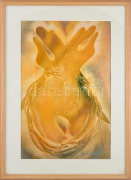 Macskássy Izolda (1945-2021): Lovak, 1988. Selyemkollázs, jelzett, kartonra kasírozva. Üvegezett fa keretben. 56x37 cm