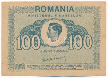 Románia 1945. 100L T:III folt, középen kis szakadás Romania 1945. 100 Lei C:F spot, small tear in the middle Krause P#78